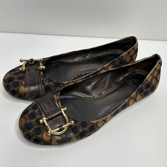 Tory Burch Flats Size 6 Brown/Navy RARE Gold Hardware Noel Casual Shoes - Picture 4 of 9